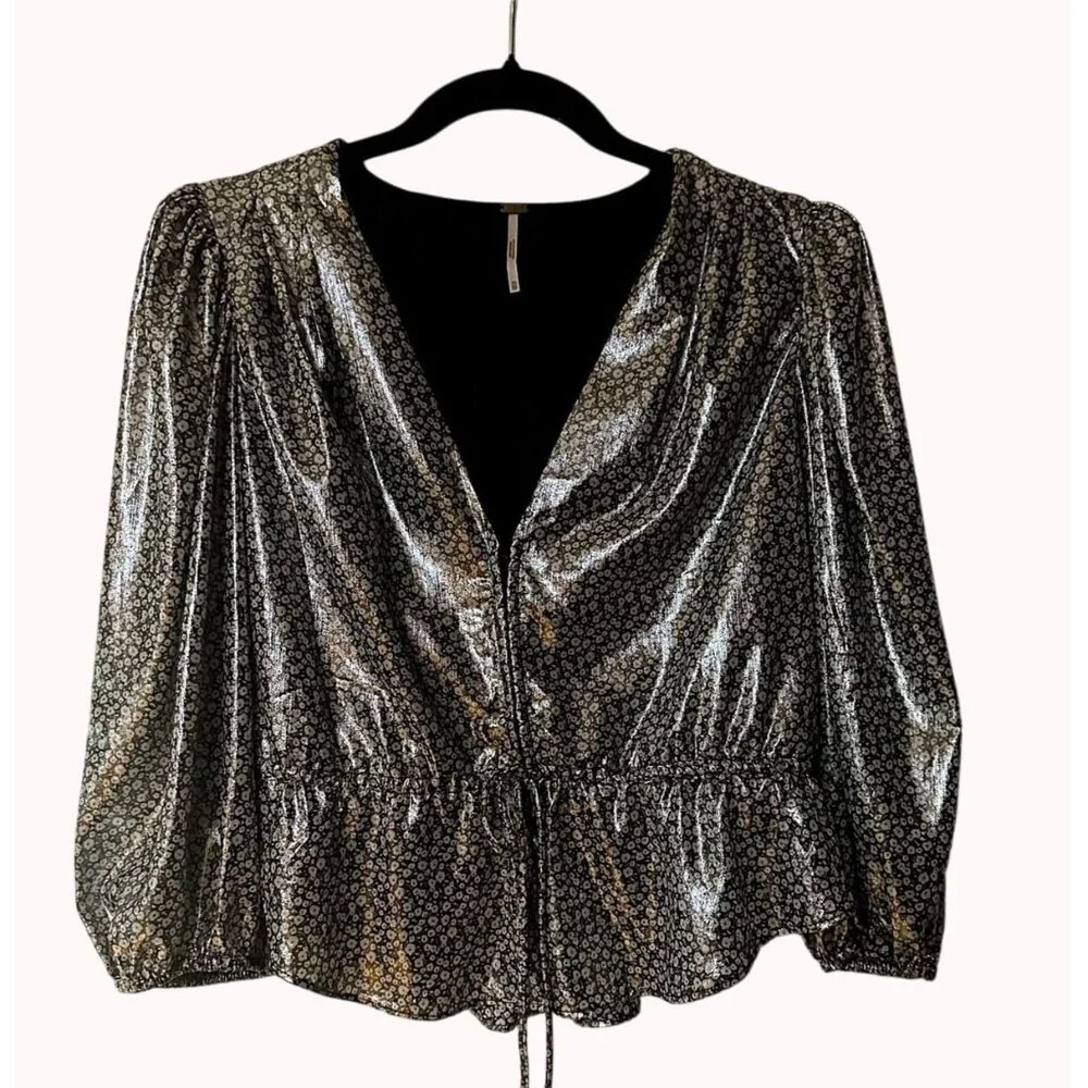 Free People‎ XS Talk That Talk Metallic Silver Floral Puff Sleeve Ruffle Top